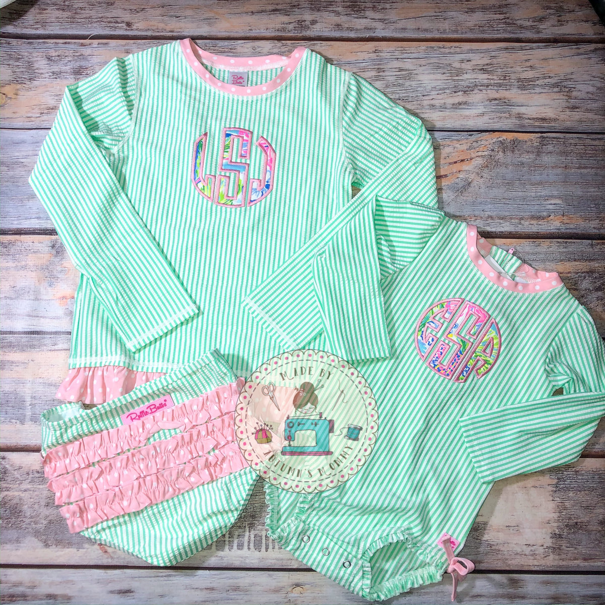 Stripe Seersucker Rash Guard Swimsuit With Flower