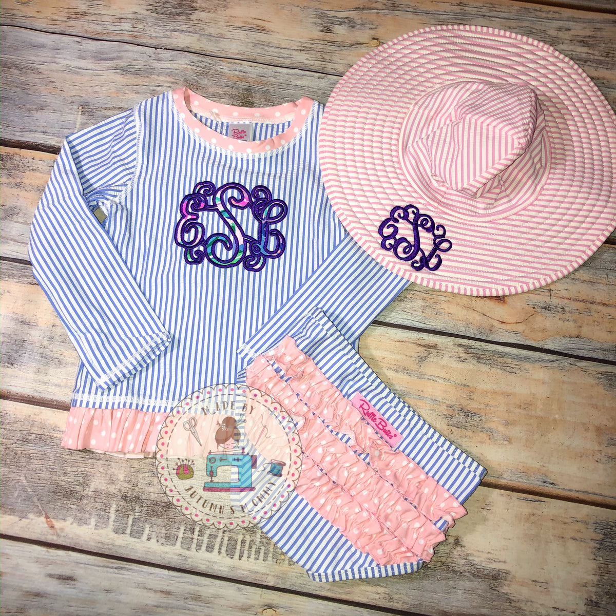 Stripe Seersucker Rash Guard Swimsuit With Flower