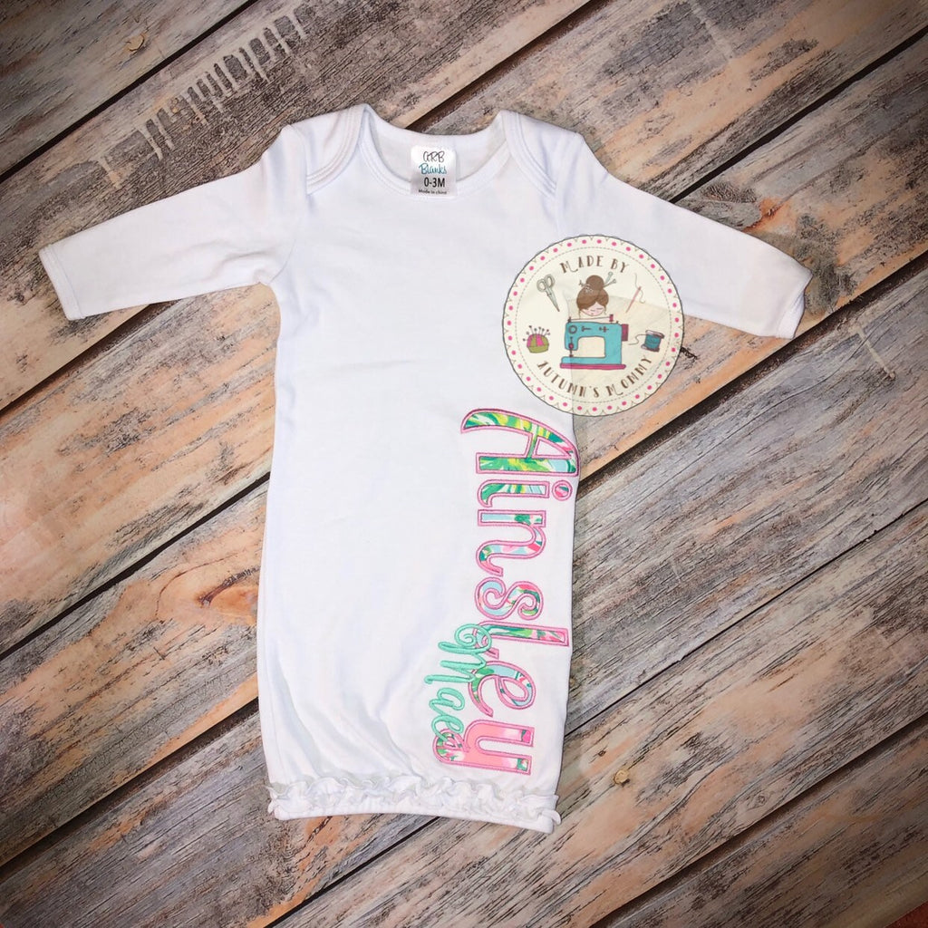 Lilly Newborn baby gown, Embroidered appliqué personalized Name, baby girl, baby shower gift, Lilly fabric, pregnancy gift
