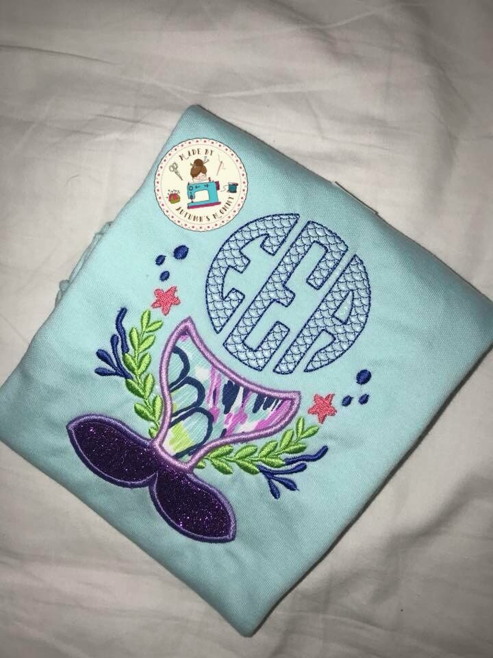 Lilly monogram mermaid Applique embroidery / Girls / Toddler /vacation / trip / baby / floral / sea /preppy / colorful / shirt
