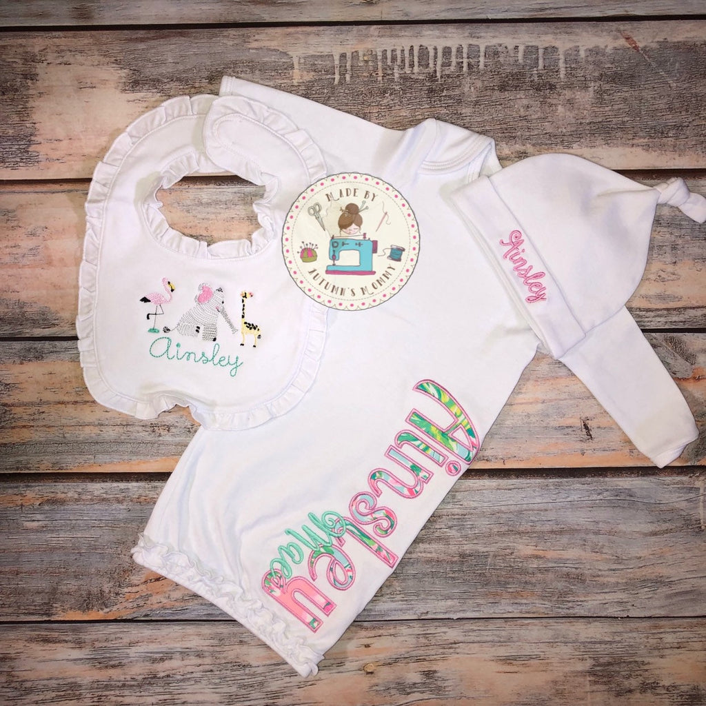 Lilly Newborn baby gown, Embroidered appliqué personalized Name, baby girl, baby shower gift, Lilly fabric, pregnancy gift