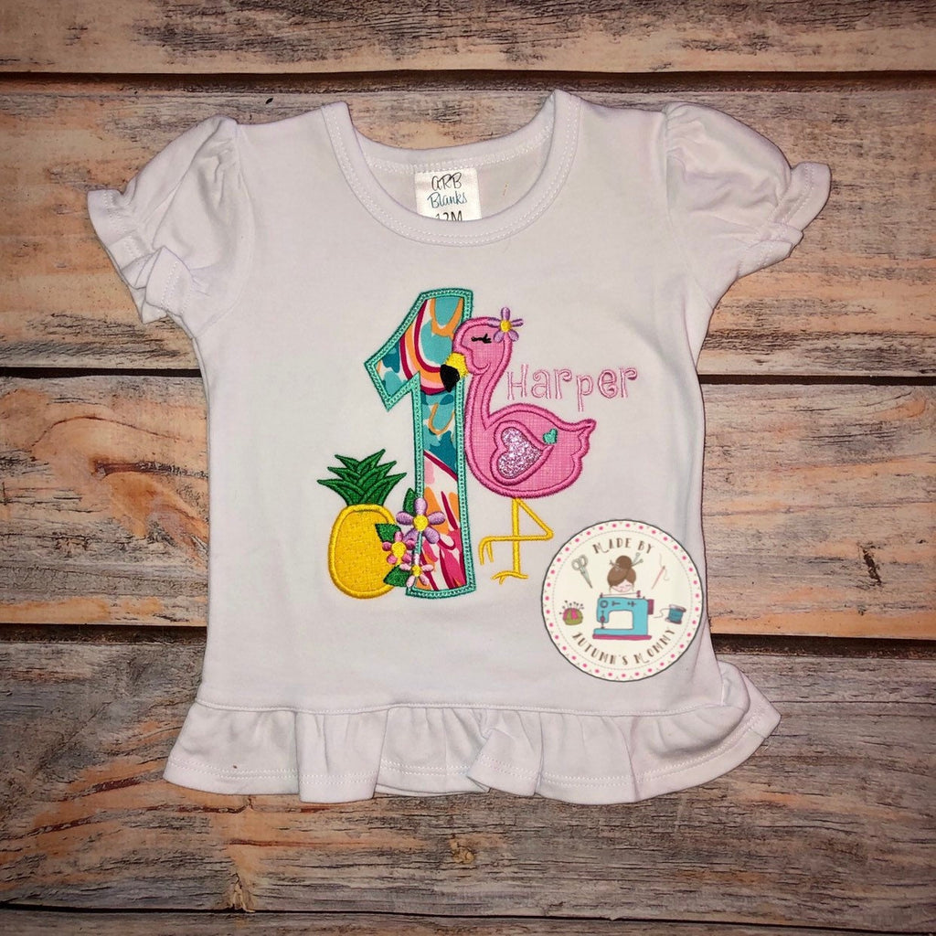 Lilly flamingo birthday appliqué embroidery girls top