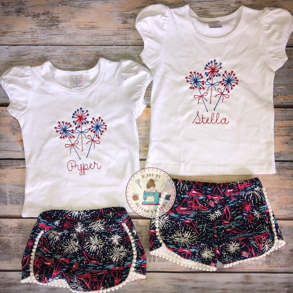 Fourth of the July sparklers shirt Lilly inspired embroidery girls top