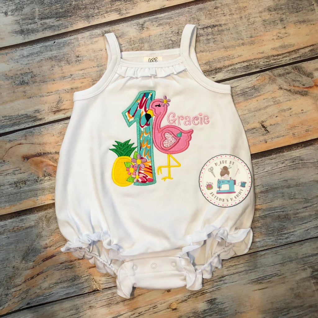 Lilly Sweet Flamingo birthday appliqué embroidery baby and toddler girls bubble