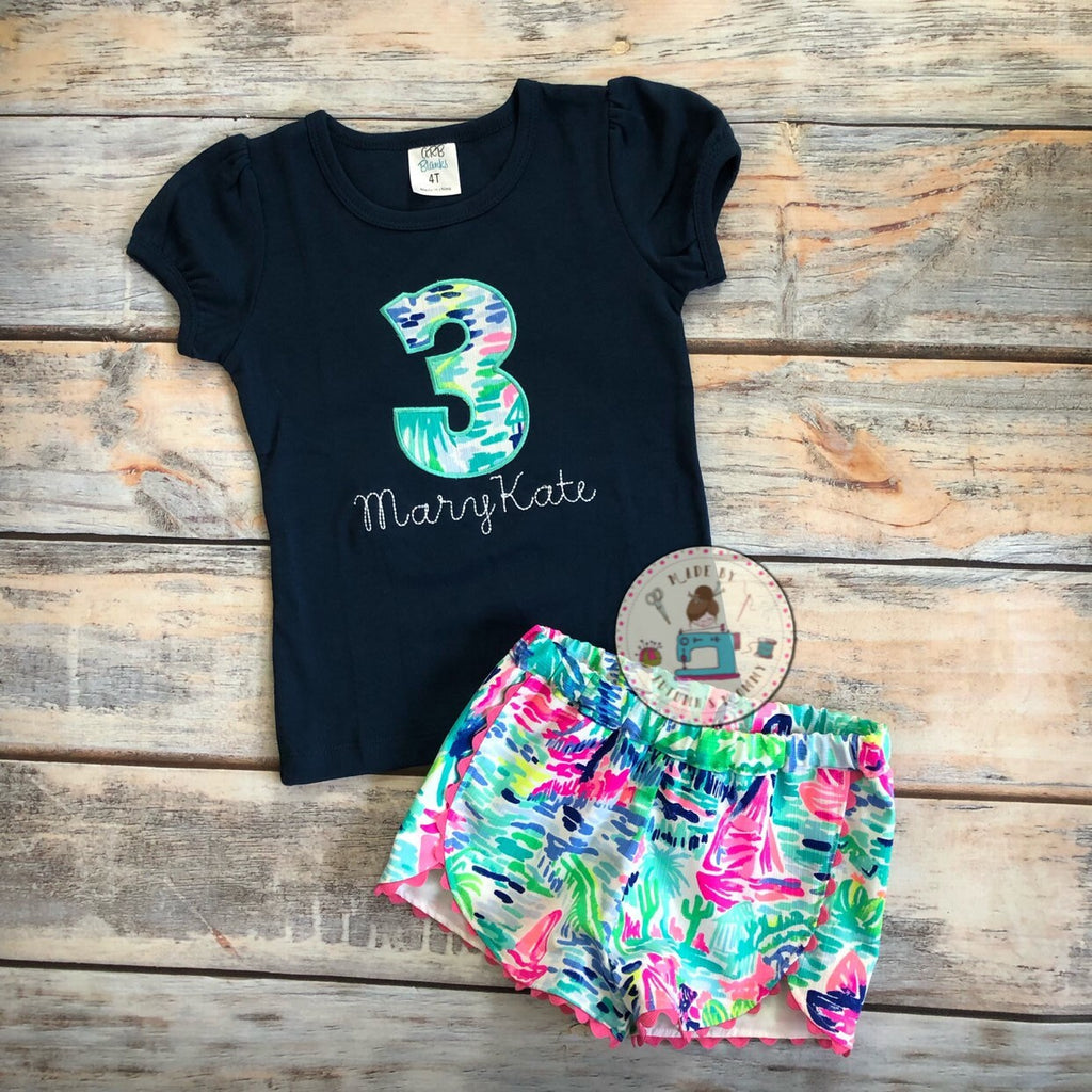 Lilly birthday embroidery applique shirt , summer, spring, preppy