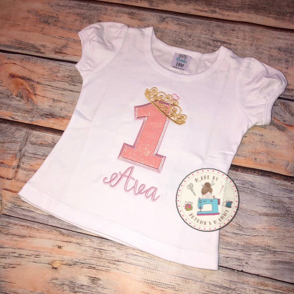 First birthday princess crown name personalized appliqué embroidery baby girl toddler shirt party top