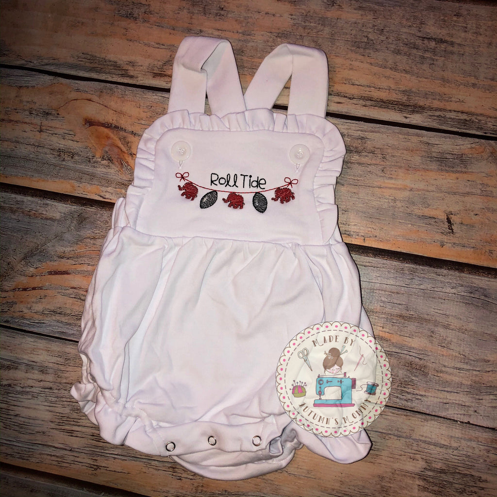 Alabama football game day embroidery design baby toddler girls, boys, sunsuit bubble, Alabama tailgate, collegiate football, roll tide