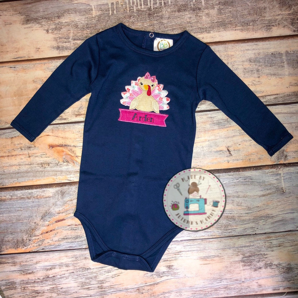 Turkey with bow thanksgiving fall applique baby onesie