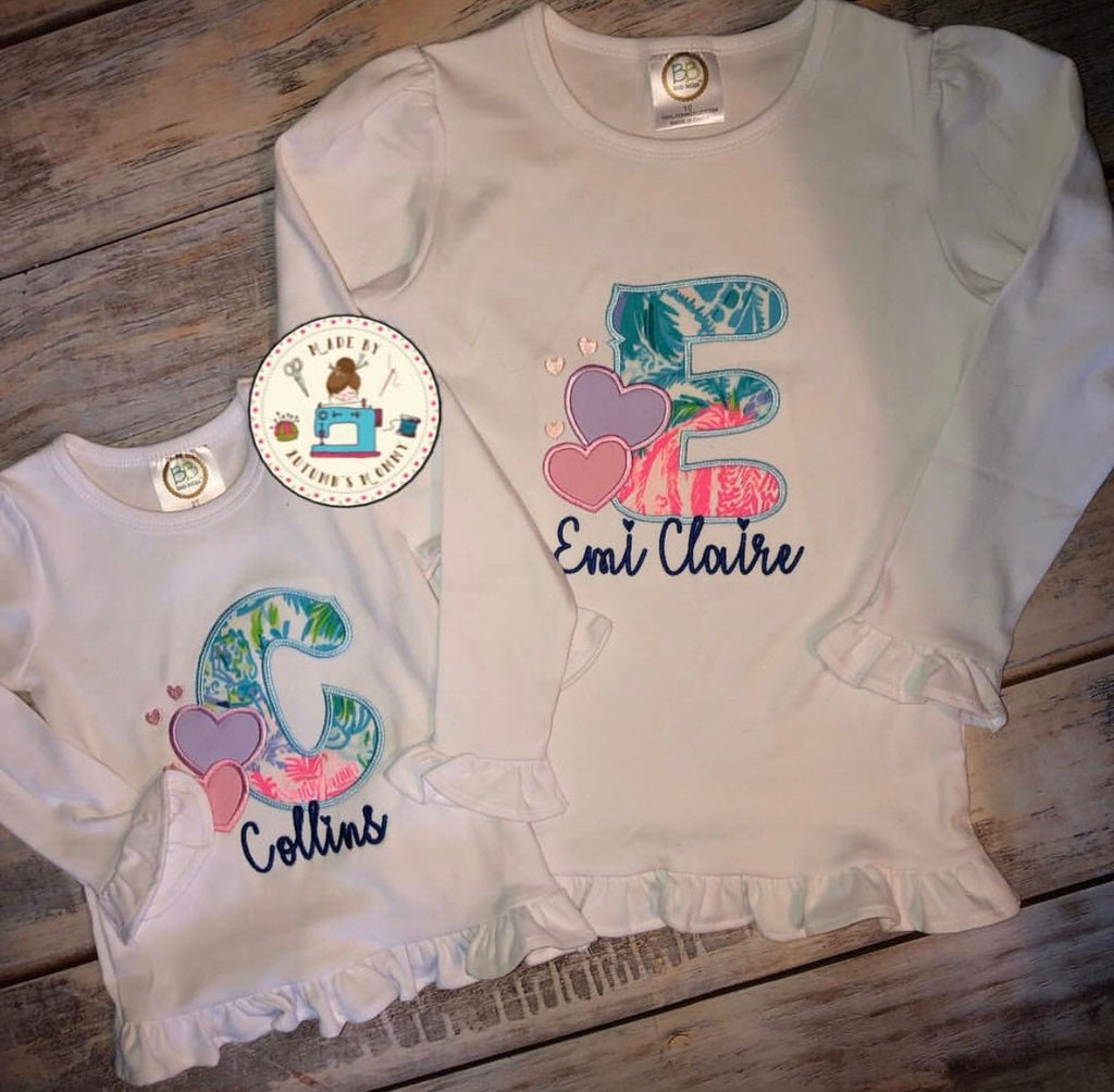 Lilly Girls Valentine alpha appliqué embroidery girls top