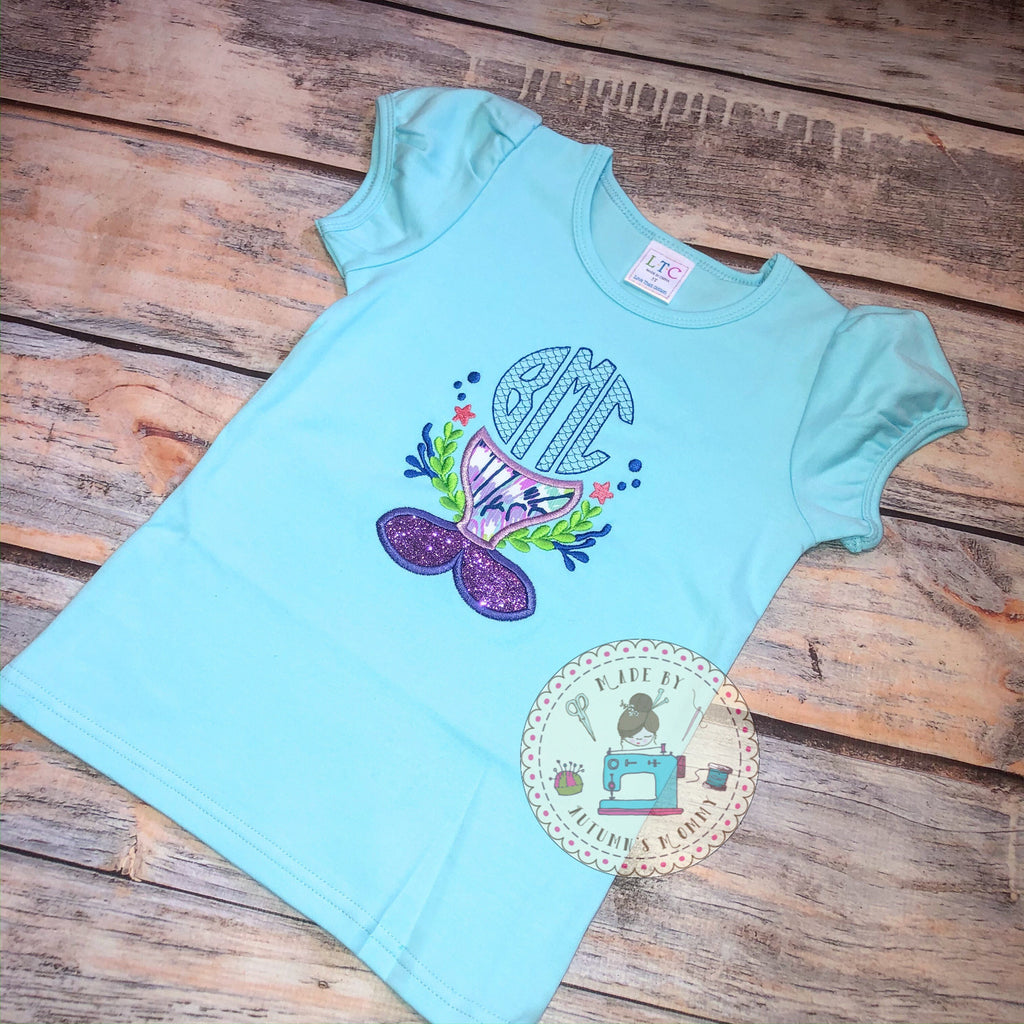 Lilly monogram mermaid Applique embroidery / Girls / Toddler /vacation / trip / baby / floral / sea /preppy / colorful / shirt