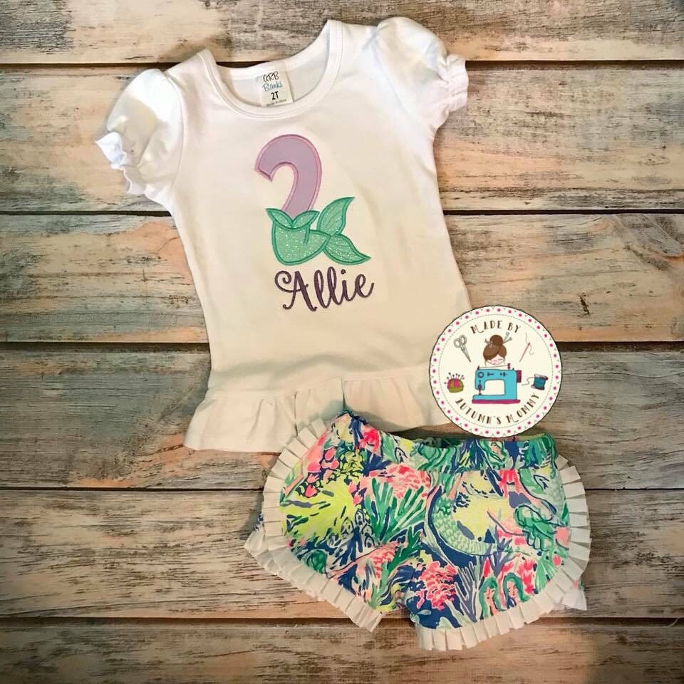 Mermaid birthday number appliqué embroidery girls top