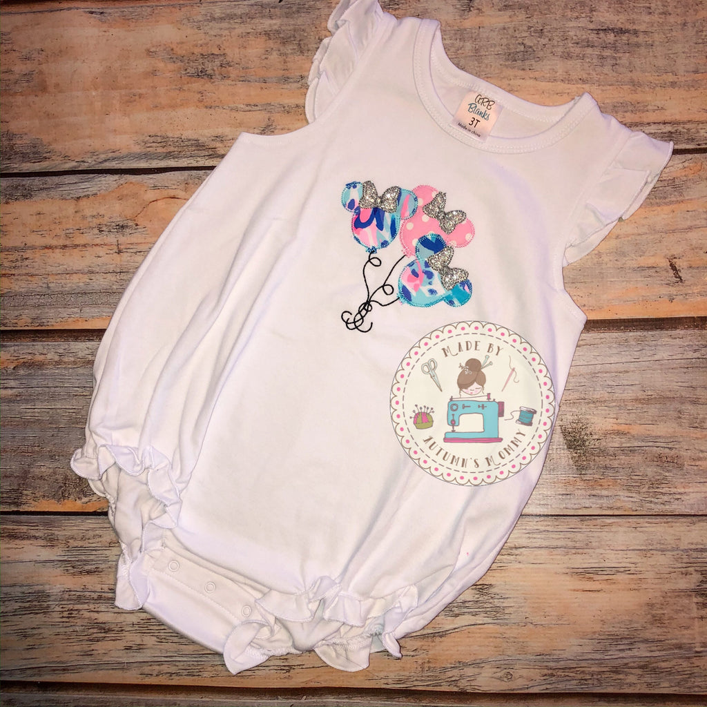 Lilly Mouse ballons baby girls appliqué embroidery bubble, romper, toddler girls, birthday gift, family vacation