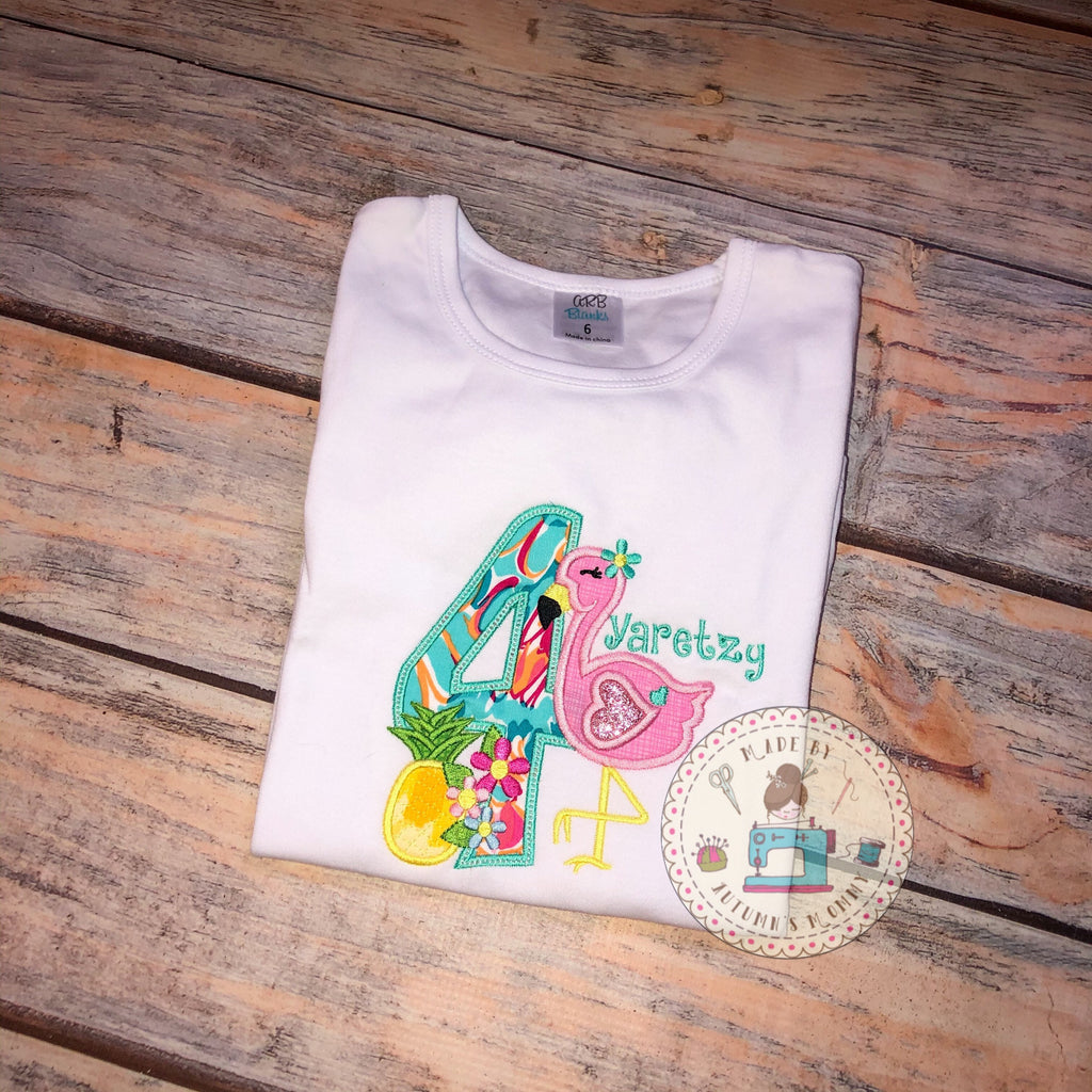 Lilly flamingo birthday appliqué embroidery girls top