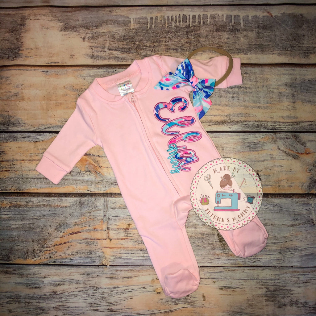Lilly Baby appliqué embroidery casual script footie and sleeper - multiple print options available