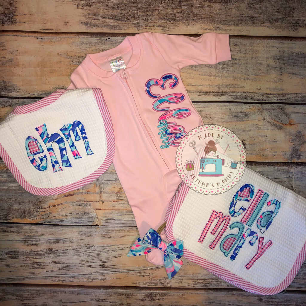 Lilly Baby appliqué embroidery casual script footie and sleeper - multiple print options available