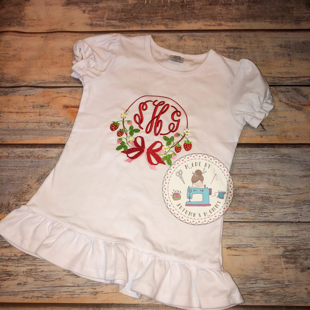 Fancy strawberry Circle Monogram Embroidery Girls Shirt