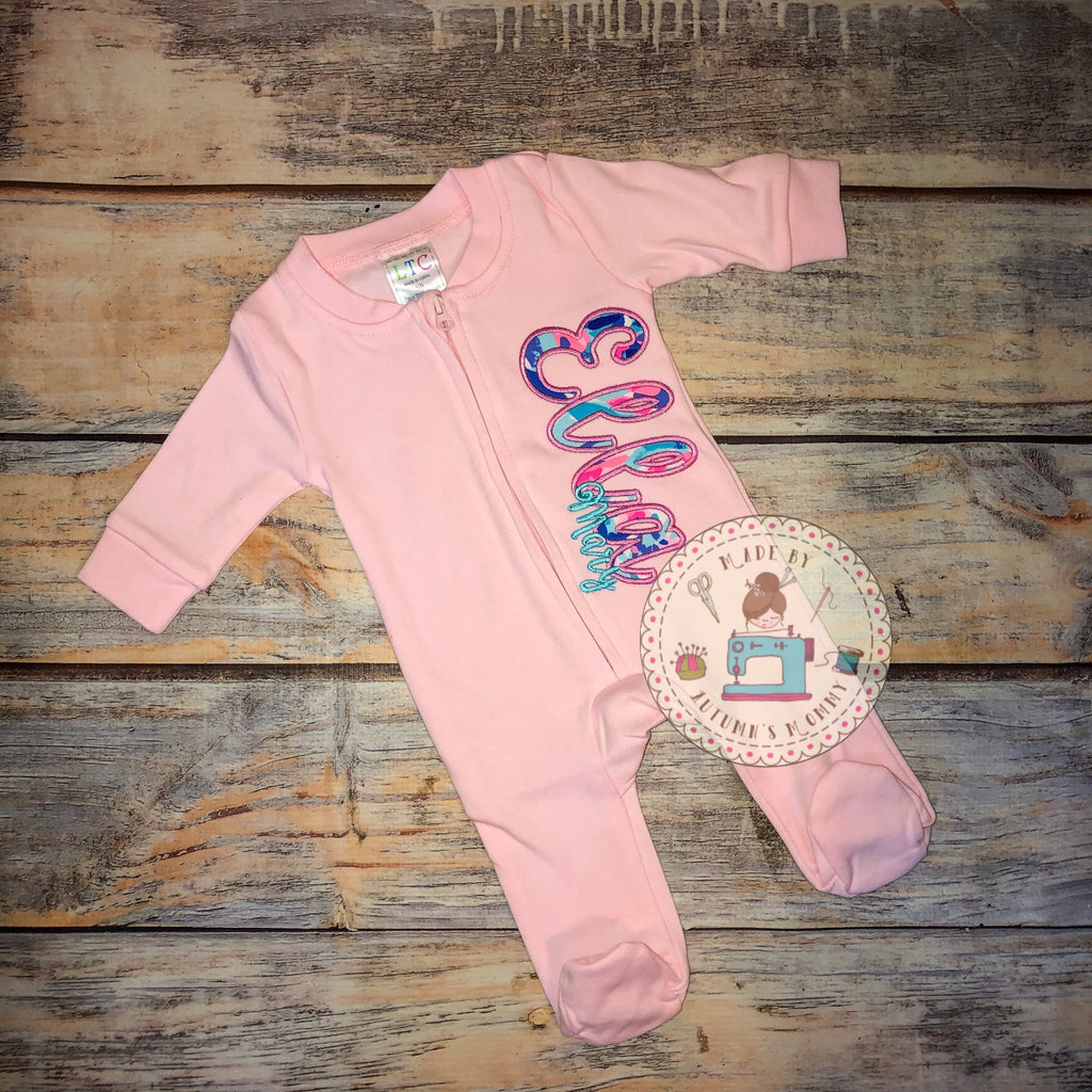 Lilly Baby appliqué embroidery casual script footie and sleeper - multiple print options available