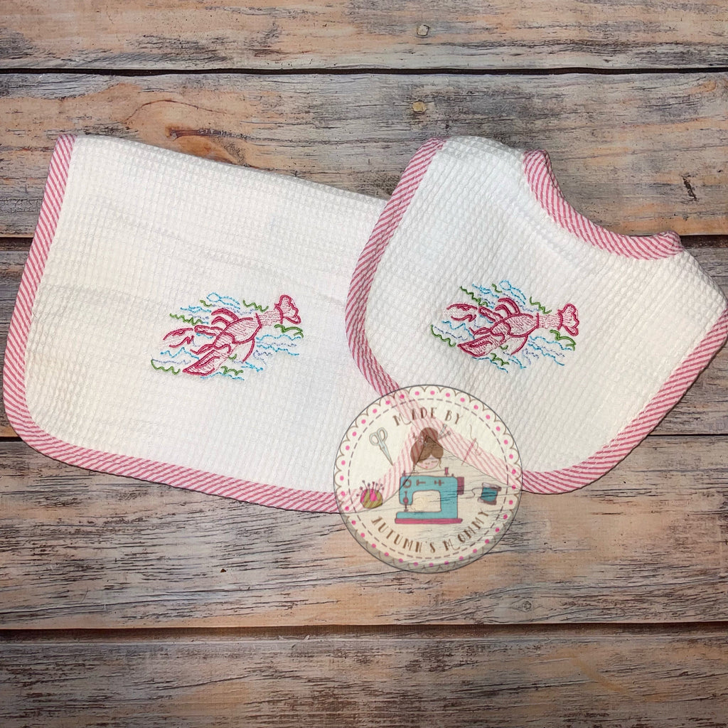 lobstah roll baby bib and burp set, handmade with Lilly inspired embroidery, perfect baby shower gift for girls and boys