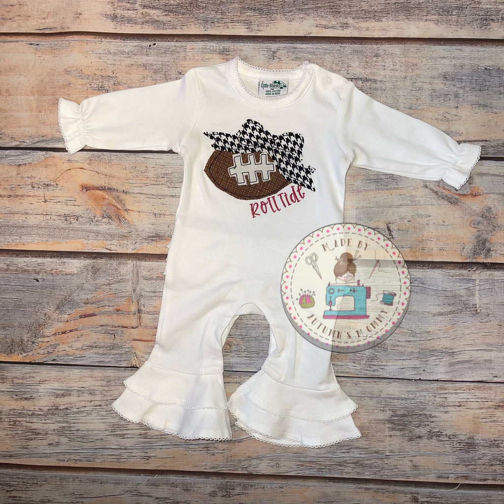 Football Game Day Girls Embroidery spirit wear romper, football with Bow personalized for college and colligate, shower gift, Alabama