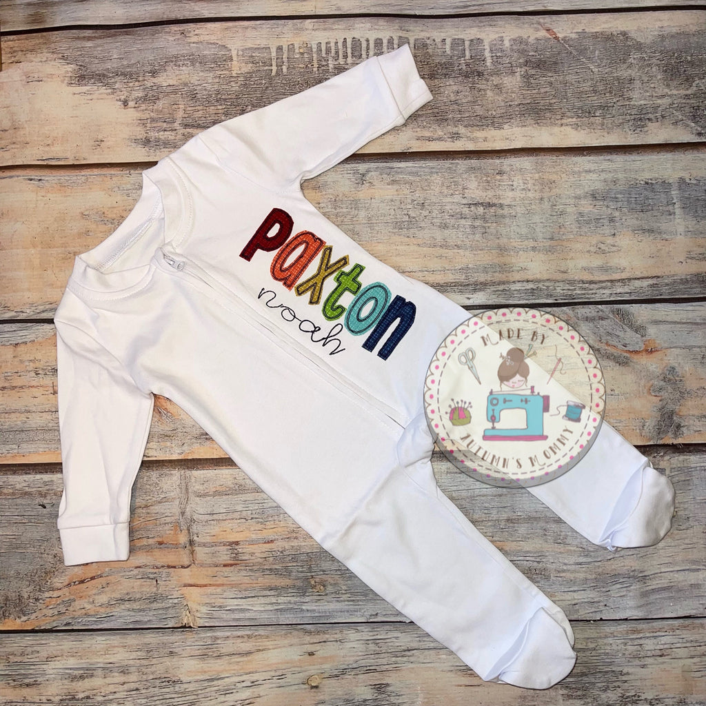 Gender neutral Baby newborn personalized footie pajamas, baby shower gift for new mom, pregnancy, embroidery appliqué, modern rainbow, name