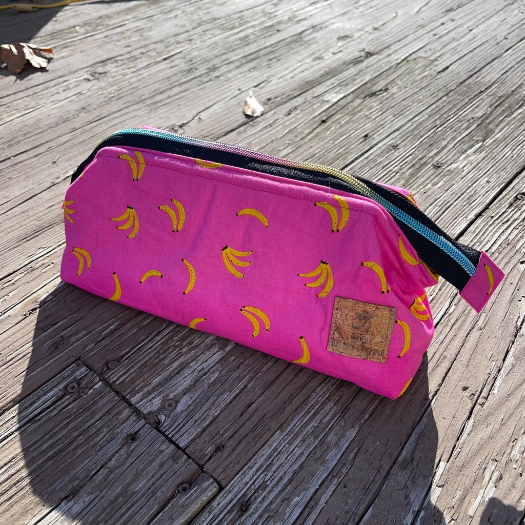 Ruby Star Banana Trifecta bag - emmaline bag patterns, handmade made to order gifts for her, tropical fabric vanity makeup bag or for sewing