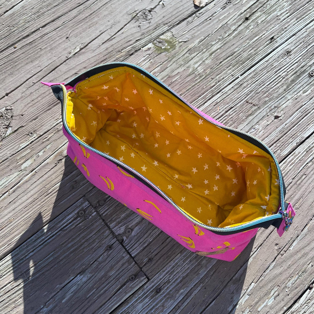 Ruby Star Banana Trifecta bag - emmaline bag patterns, handmade made to order gifts for her, tropical fabric vanity makeup bag or for sewing