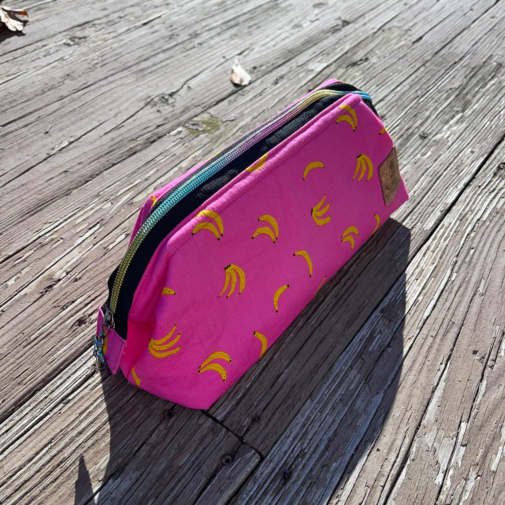 Ruby Star Banana Trifecta bag - emmaline bag patterns, handmade made to order gifts for her, tropical fabric vanity makeup bag or for sewing